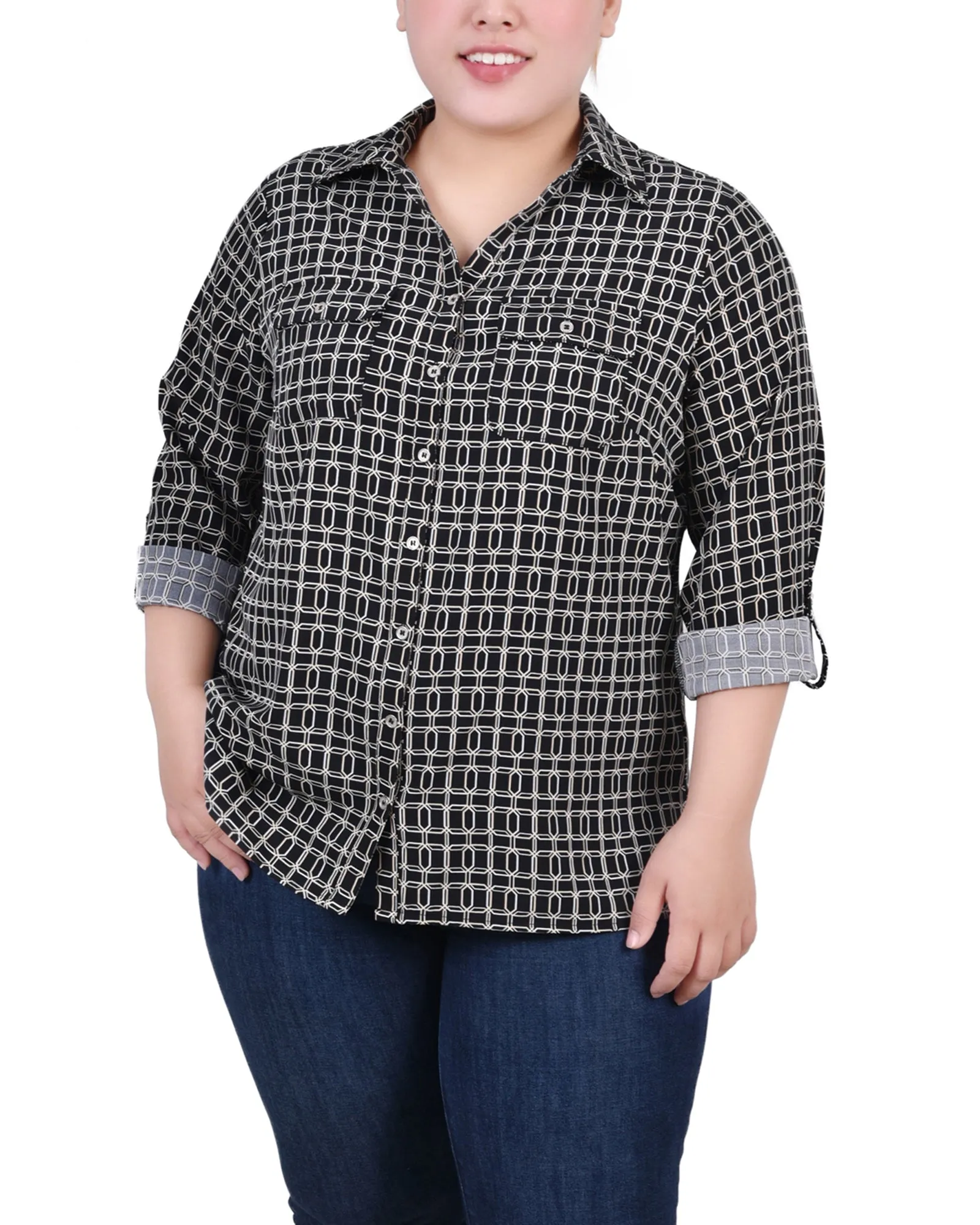 Blouse grande taille à col cassé avec manches 3/4 et ourlet roulé