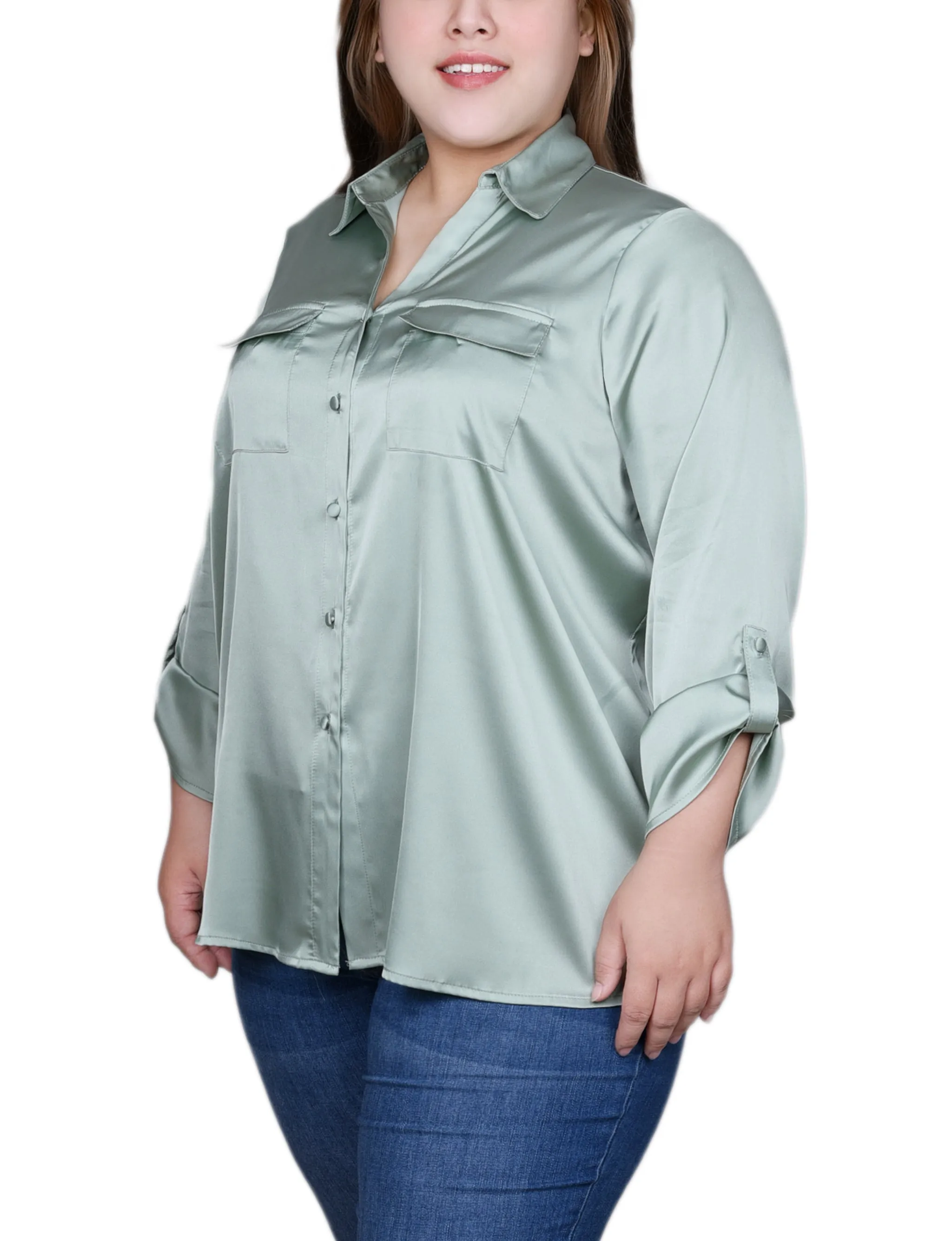 Blouse en satin à manches 3/4 avec boutons pression pour grande taille