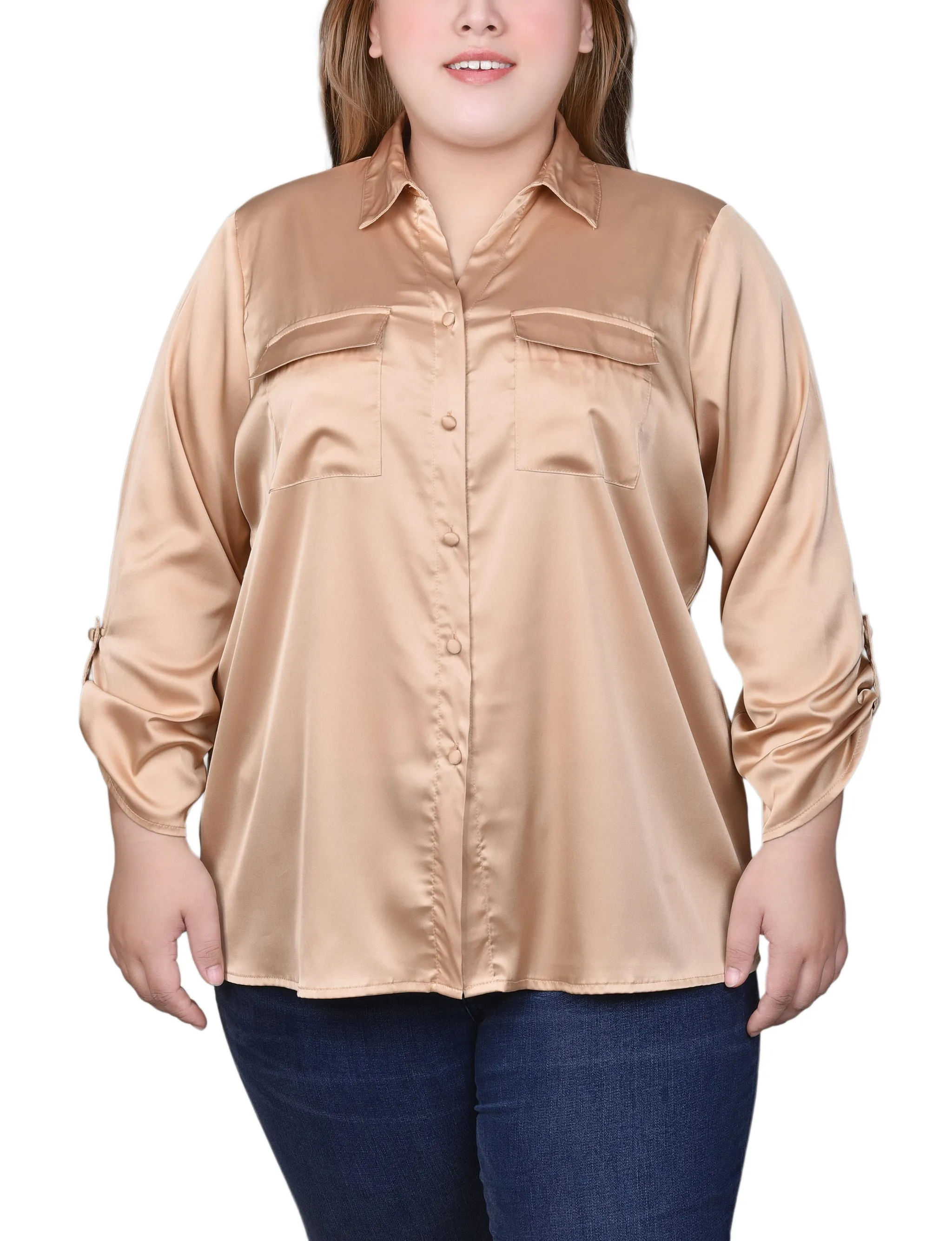 Blouse en satin à manches 3/4 avec boutons pression pour grande taille