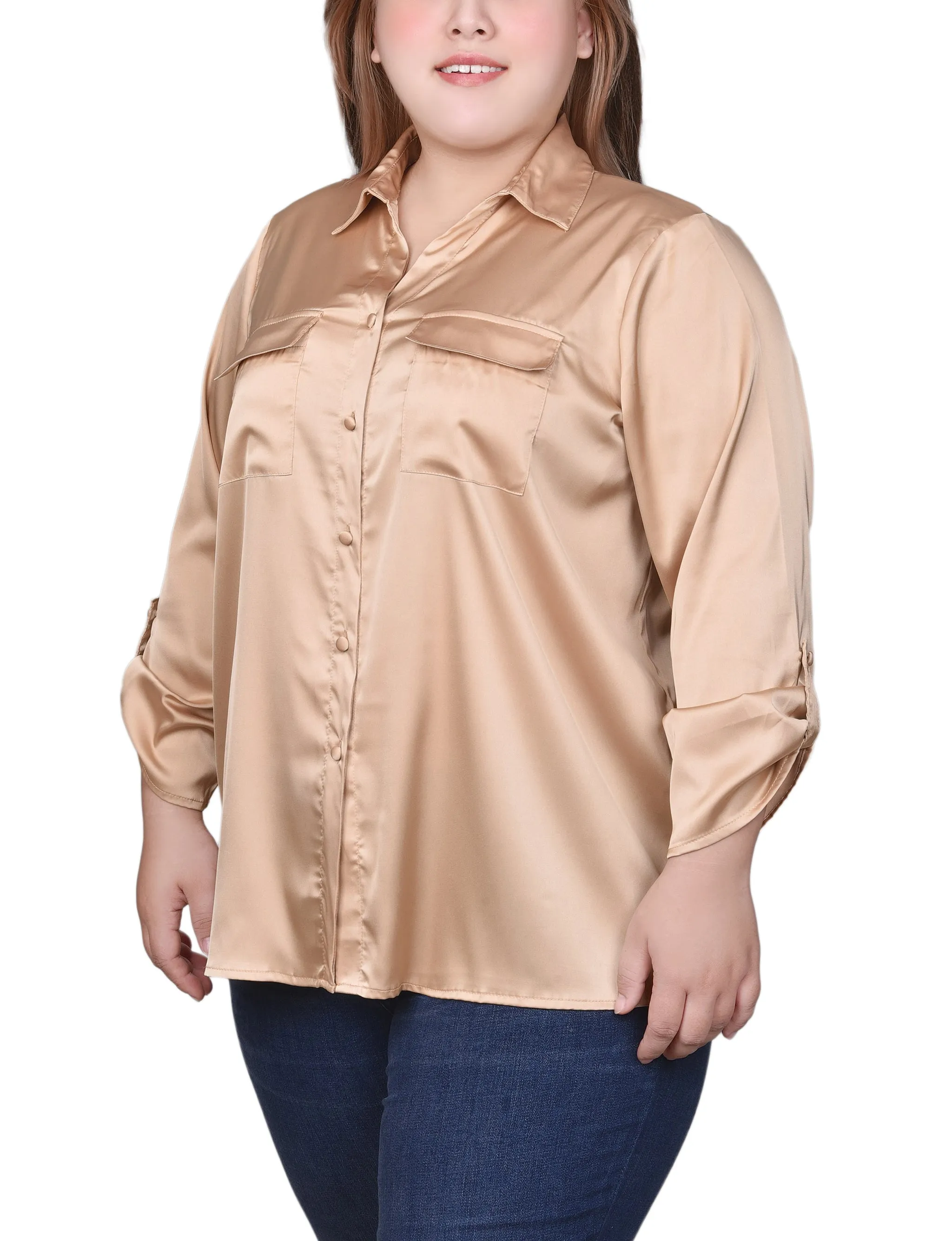 Blouse en satin à manches 3/4 avec boutons pression pour grande taille