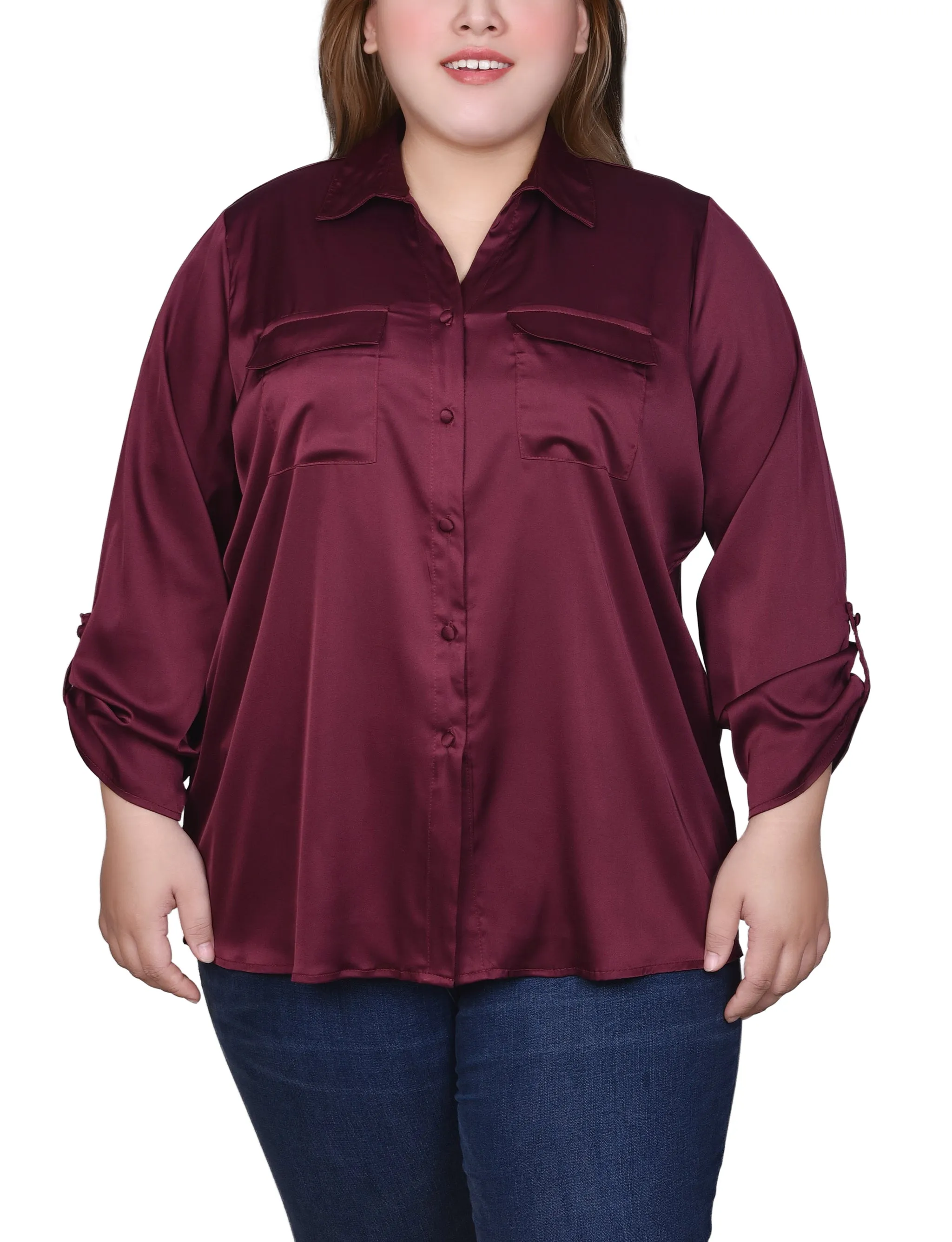 Blouse en satin à manches 3/4 avec boutons pression pour grande taille