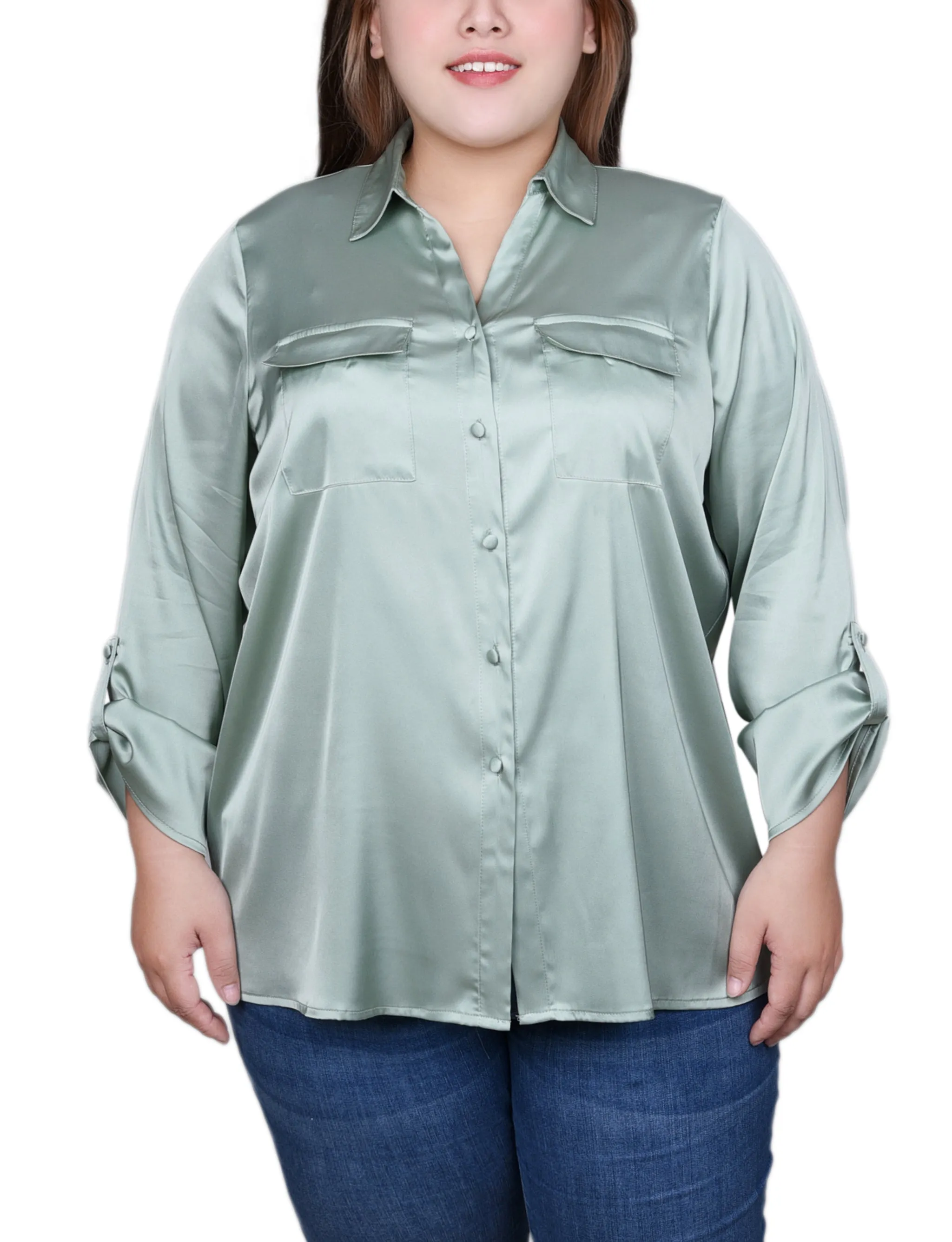 Blouse en satin à manches 3/4 avec boutons pression pour grande taille