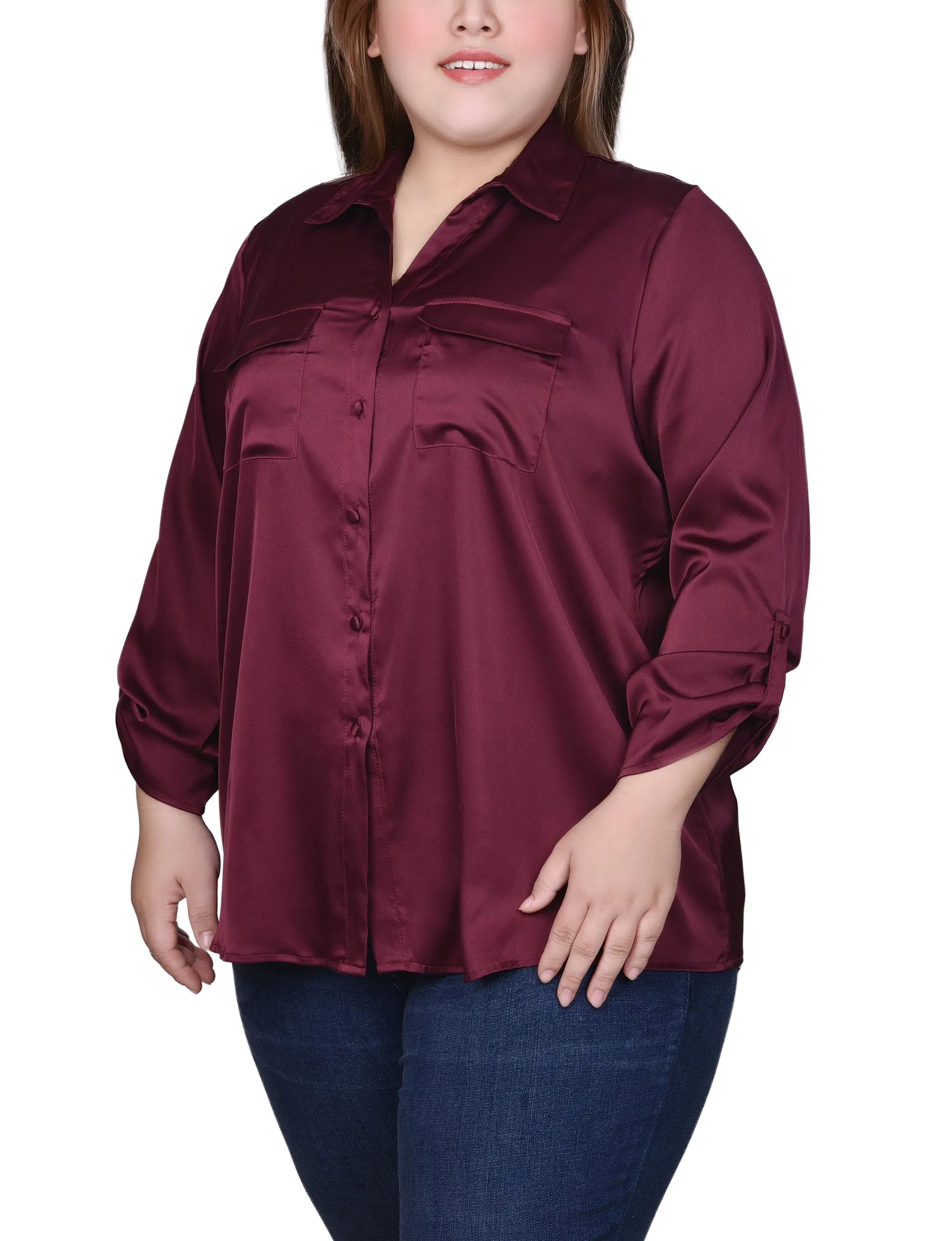 Blouse en satin à manches 3/4 avec boutons pression pour grande taille