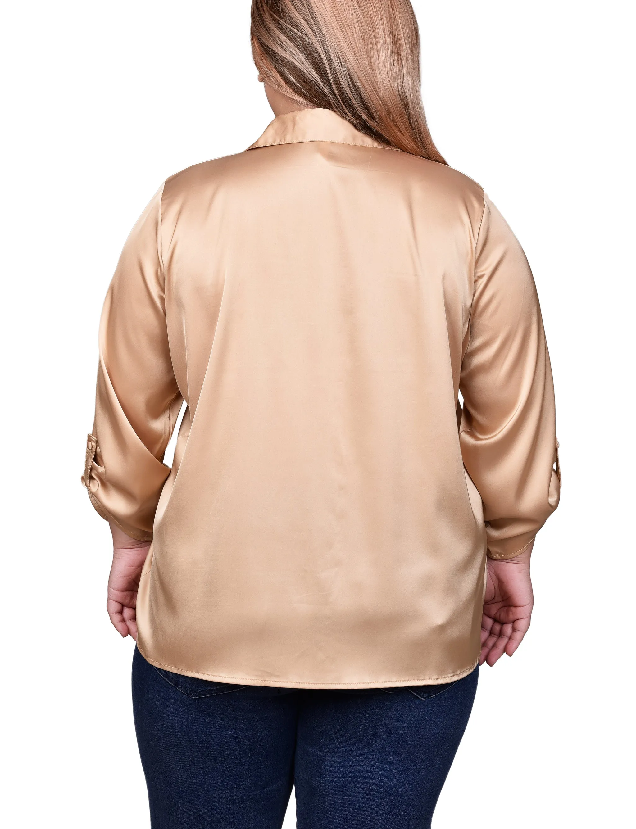 Blouse en satin à manches 3/4 avec boutons pression pour grande taille