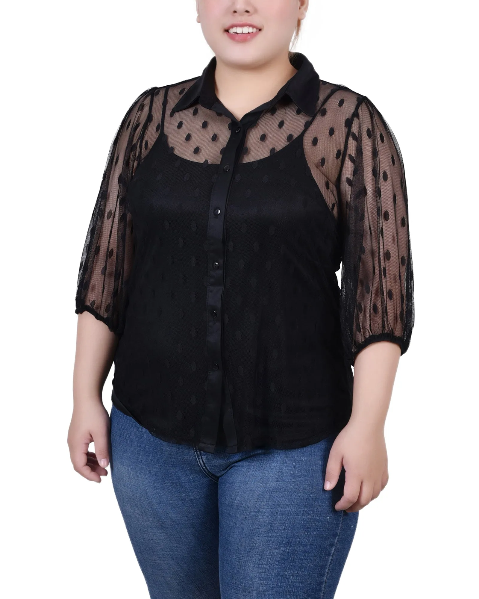Blouse à manches trois-quarts taille plus avec motifs à clips et camisole