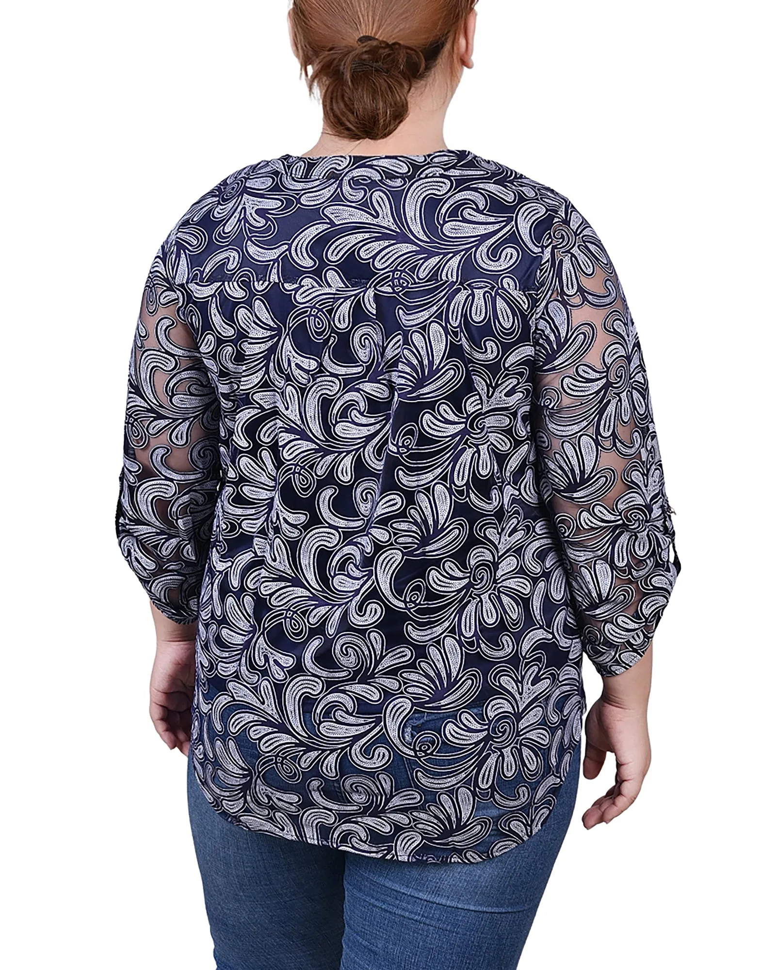 Blouse Grande Taille à Manches Longues avec Effet Burnout et Col en Y