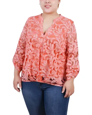 Plus Size Long Sleeve Burnout Y Neck Blouse