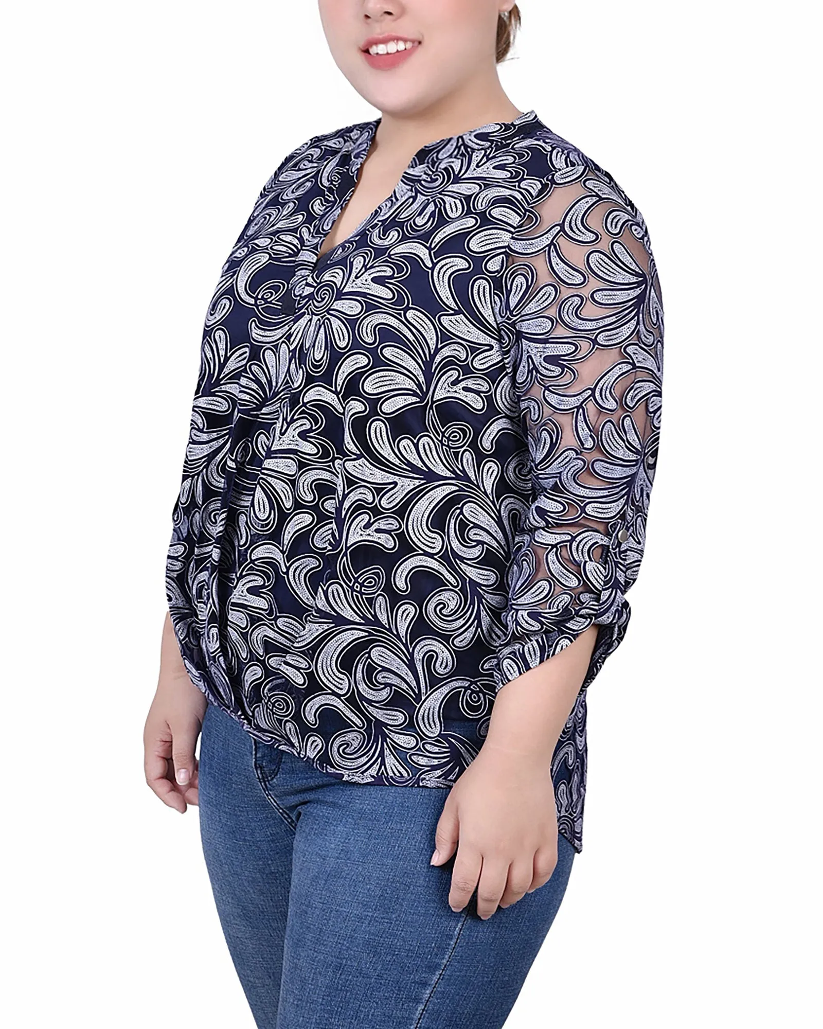 Blouse Grande Taille à Manches Longues avec Effet Burnout et Col en Y