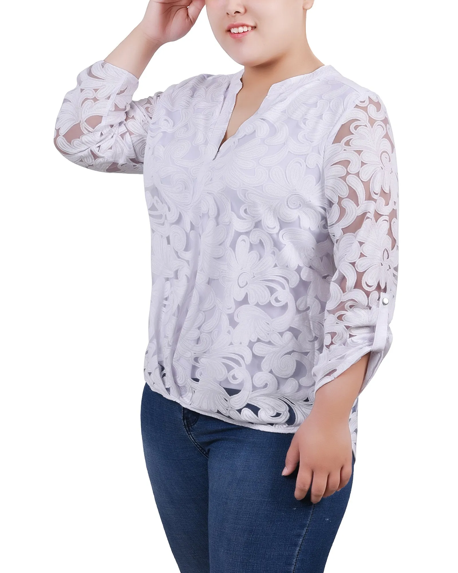 Blouse Grande Taille à Manches Longues avec Effet Burnout et Col en Y