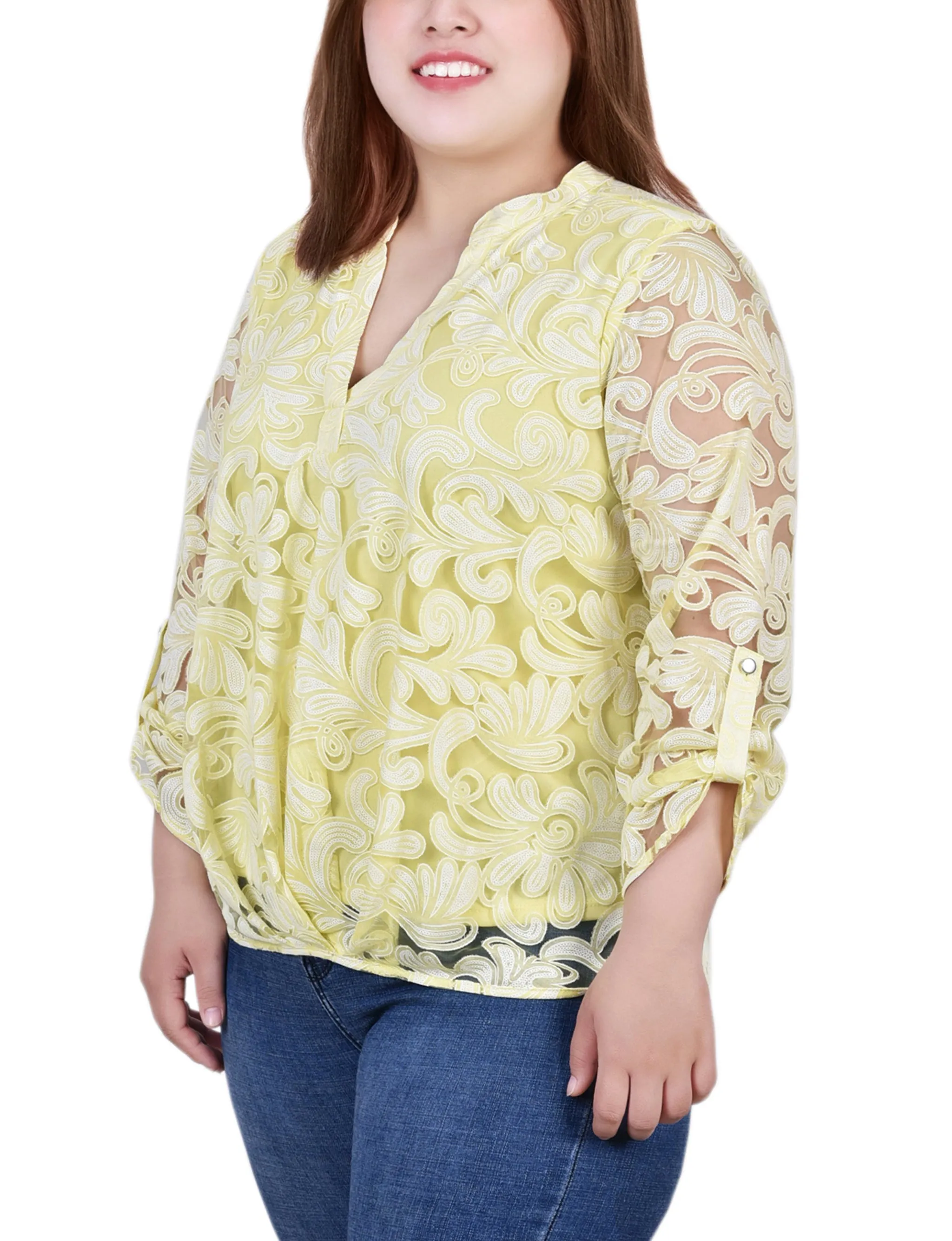 Blouse Grande Taille à Manches Longues avec Effet Burnout et Col en Y