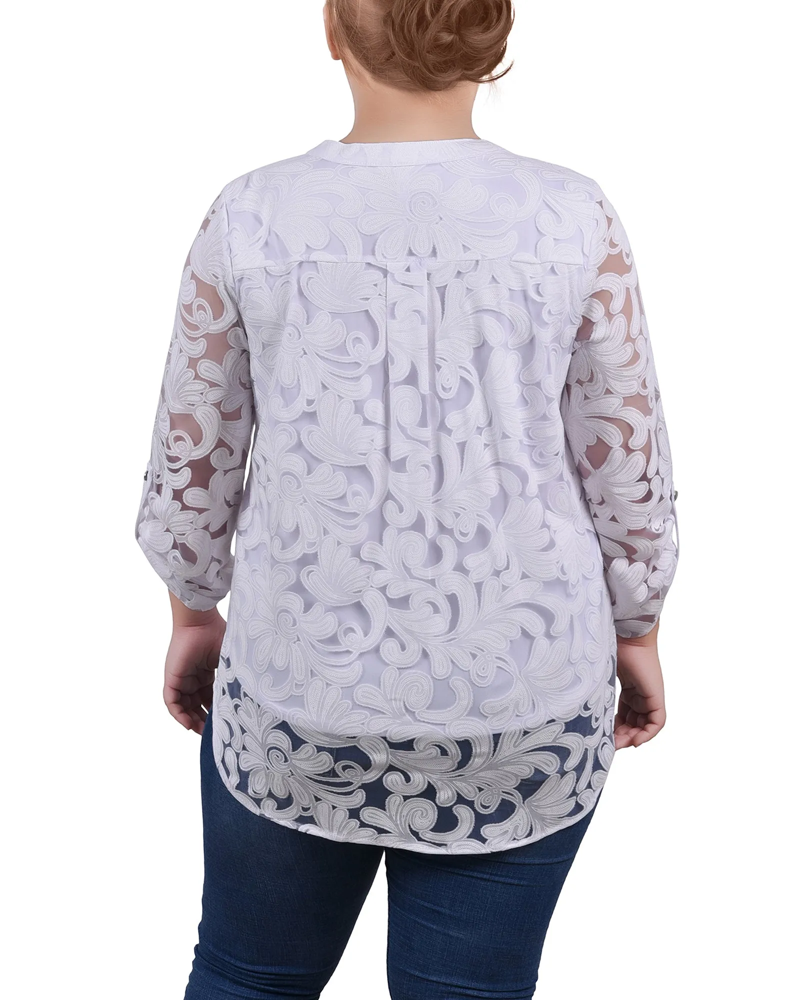 Blouse Grande Taille à Manches Longues avec Effet Burnout et Col en Y