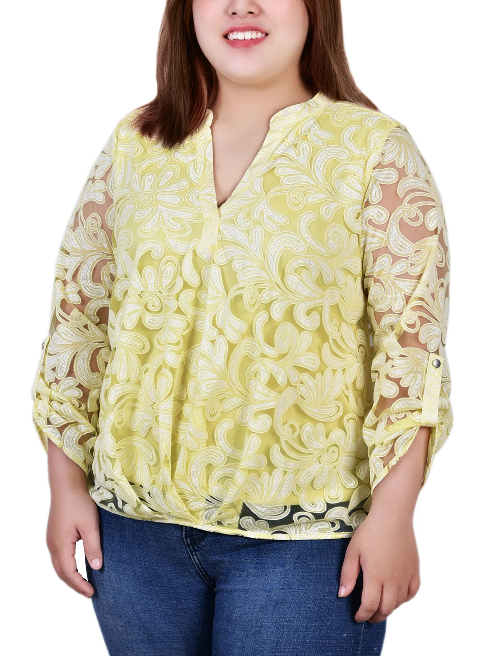 Blouse Grande Taille à Manches Longues avec Effet Burnout et Col en Y