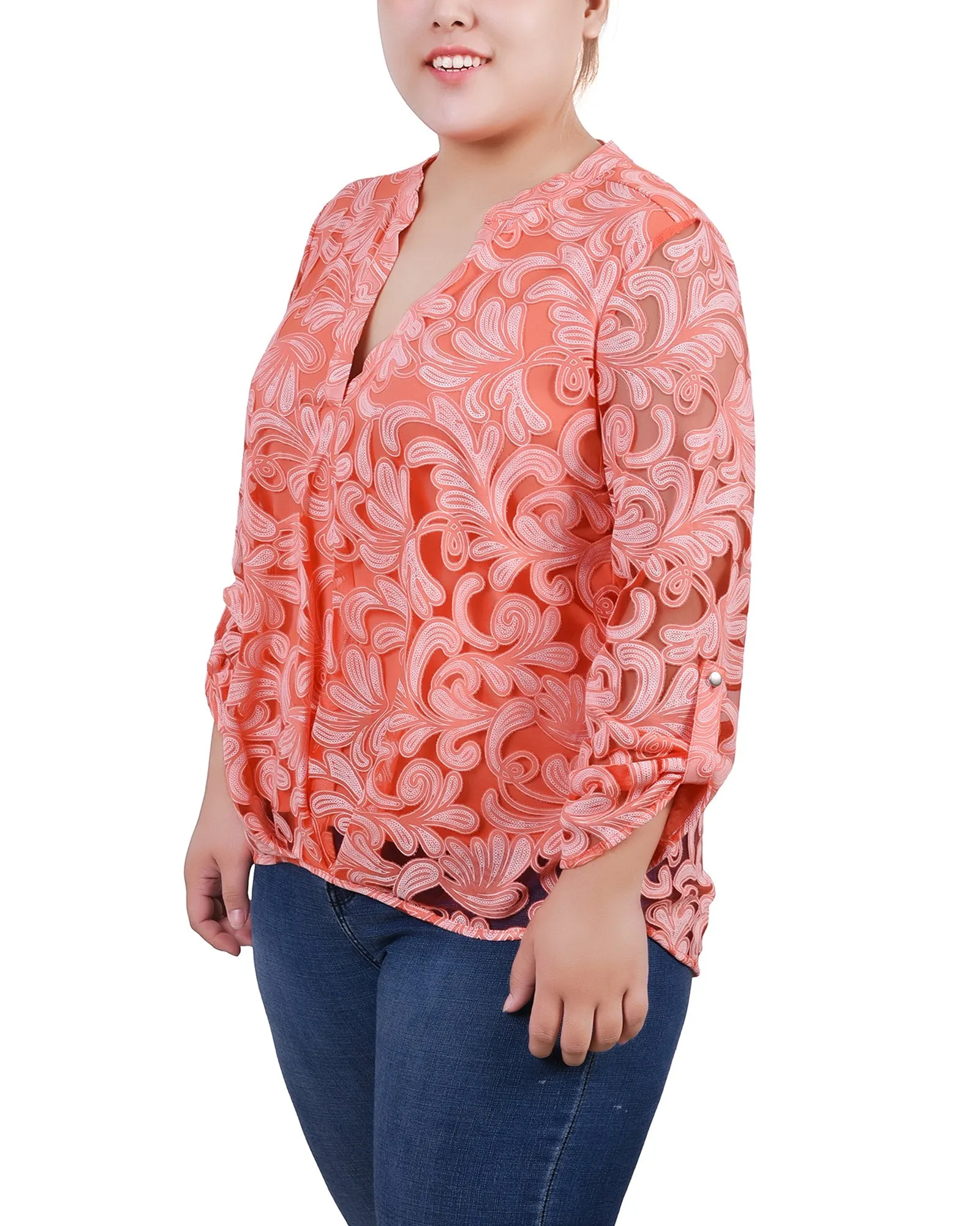 Blouse Grande Taille à Manches Longues avec Effet Burnout et Col en Y