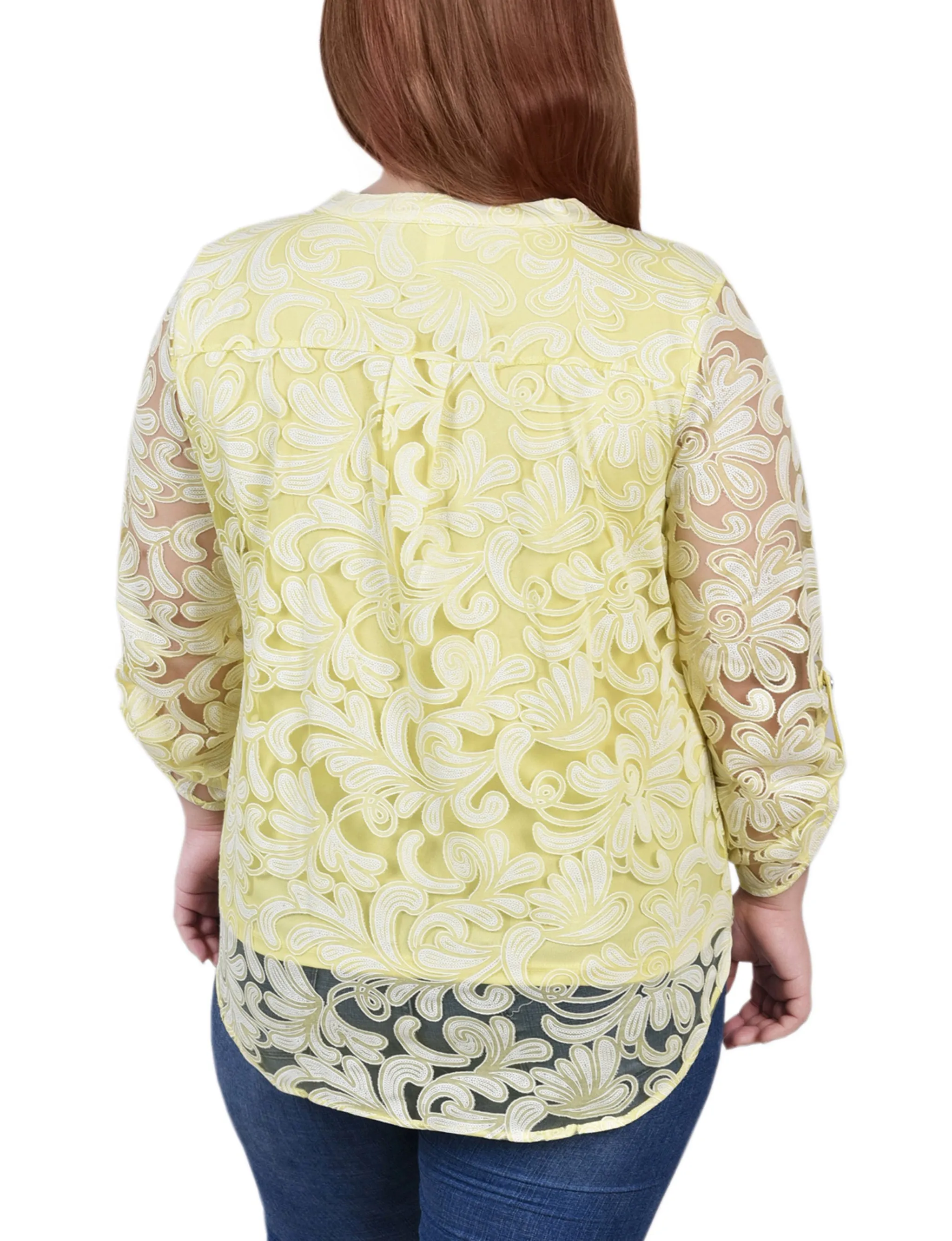 Blouse Grande Taille à Manches Longues avec Effet Burnout et Col en Y