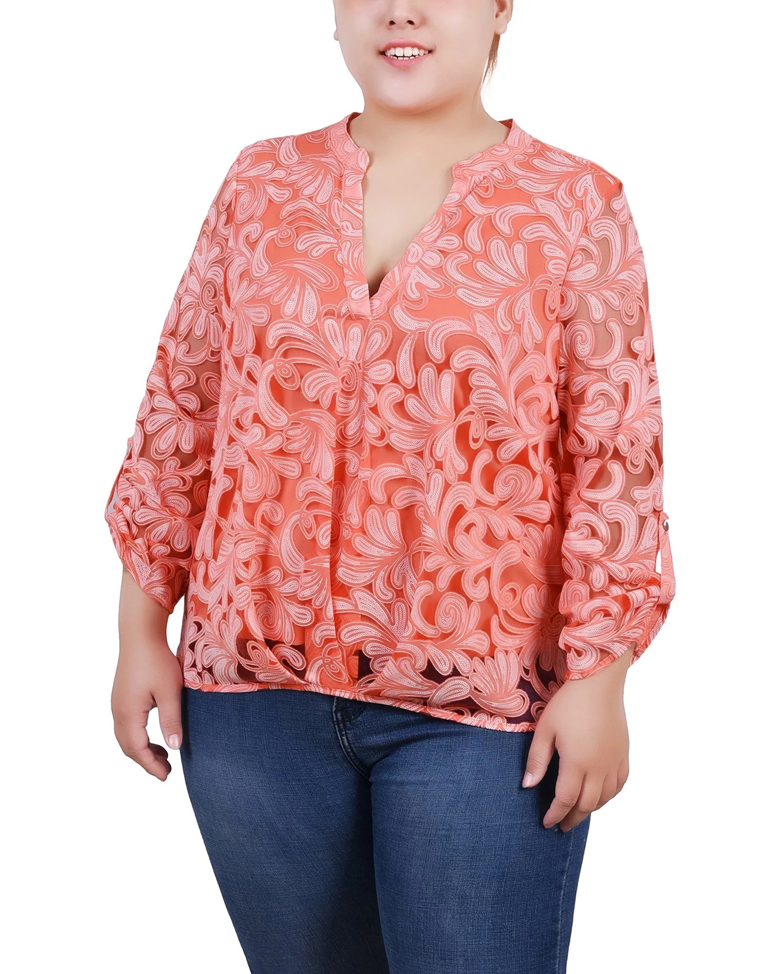 Blouse Grande Taille à Manches Longues avec Effet Burnout et Col en Y