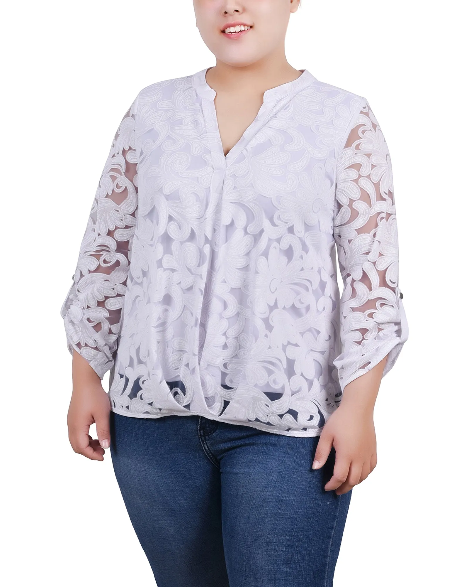Blouse Grande Taille à Manches Longues avec Effet Burnout et Col en Y
