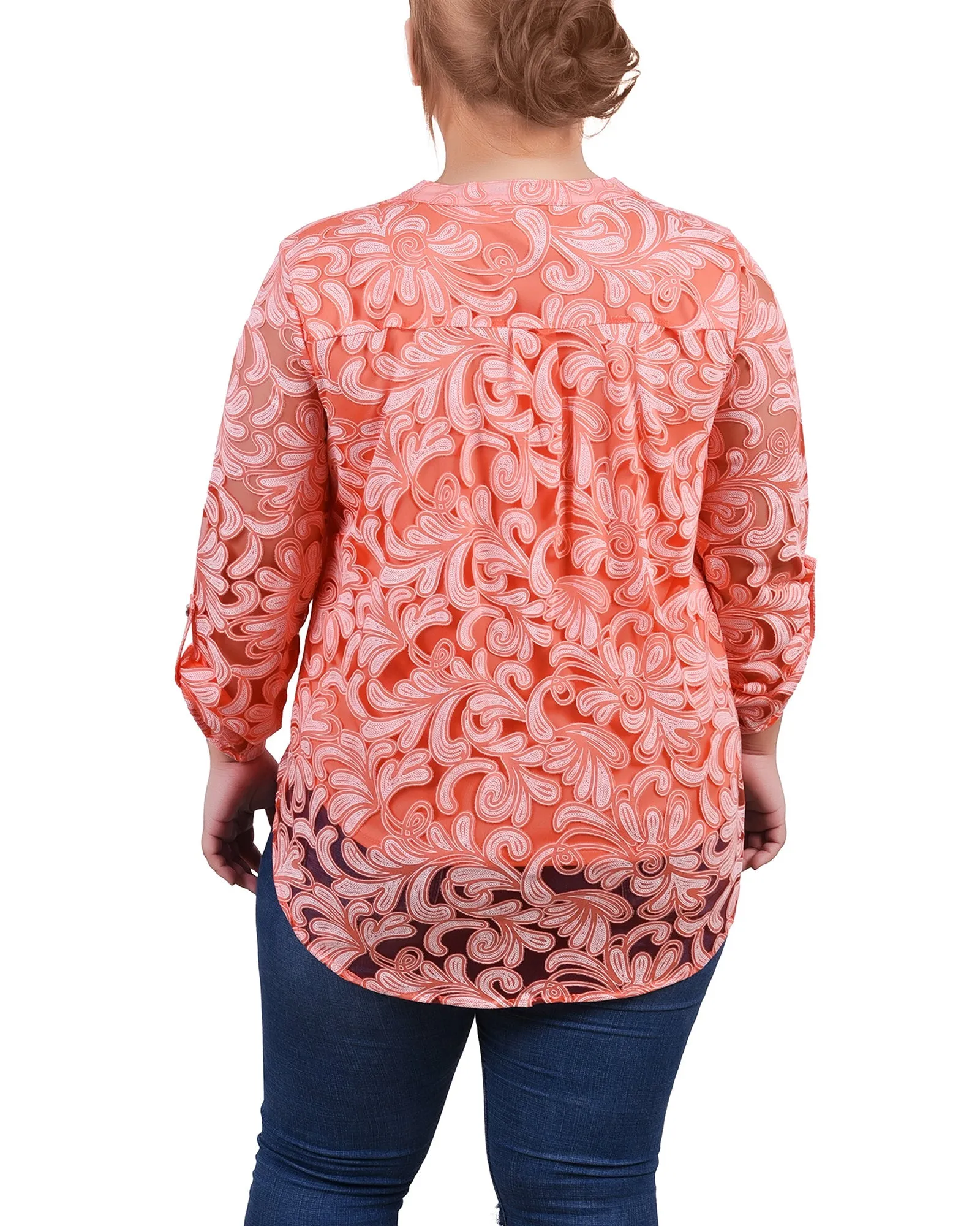 Blouse Grande Taille à Manches Longues avec Effet Burnout et Col en Y