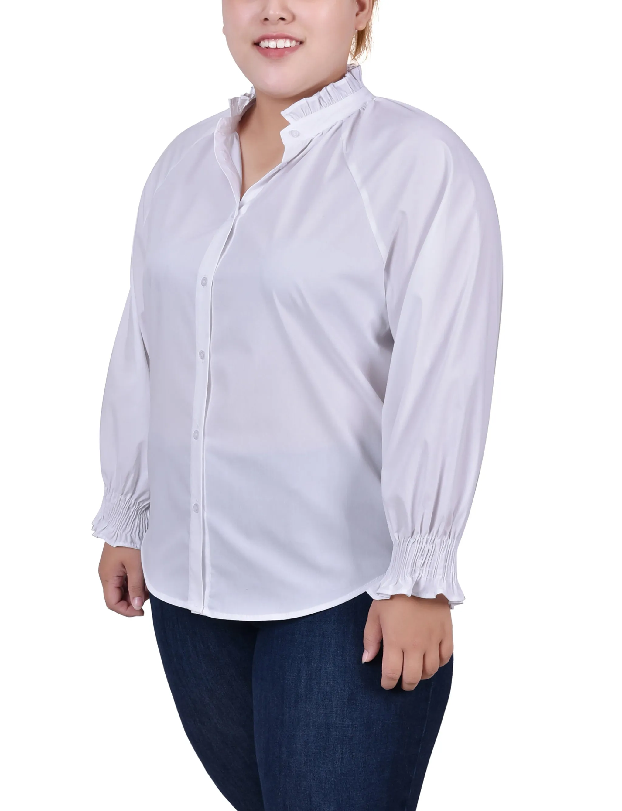 Blouse à boutonnage devant à manches longues pour grande taille