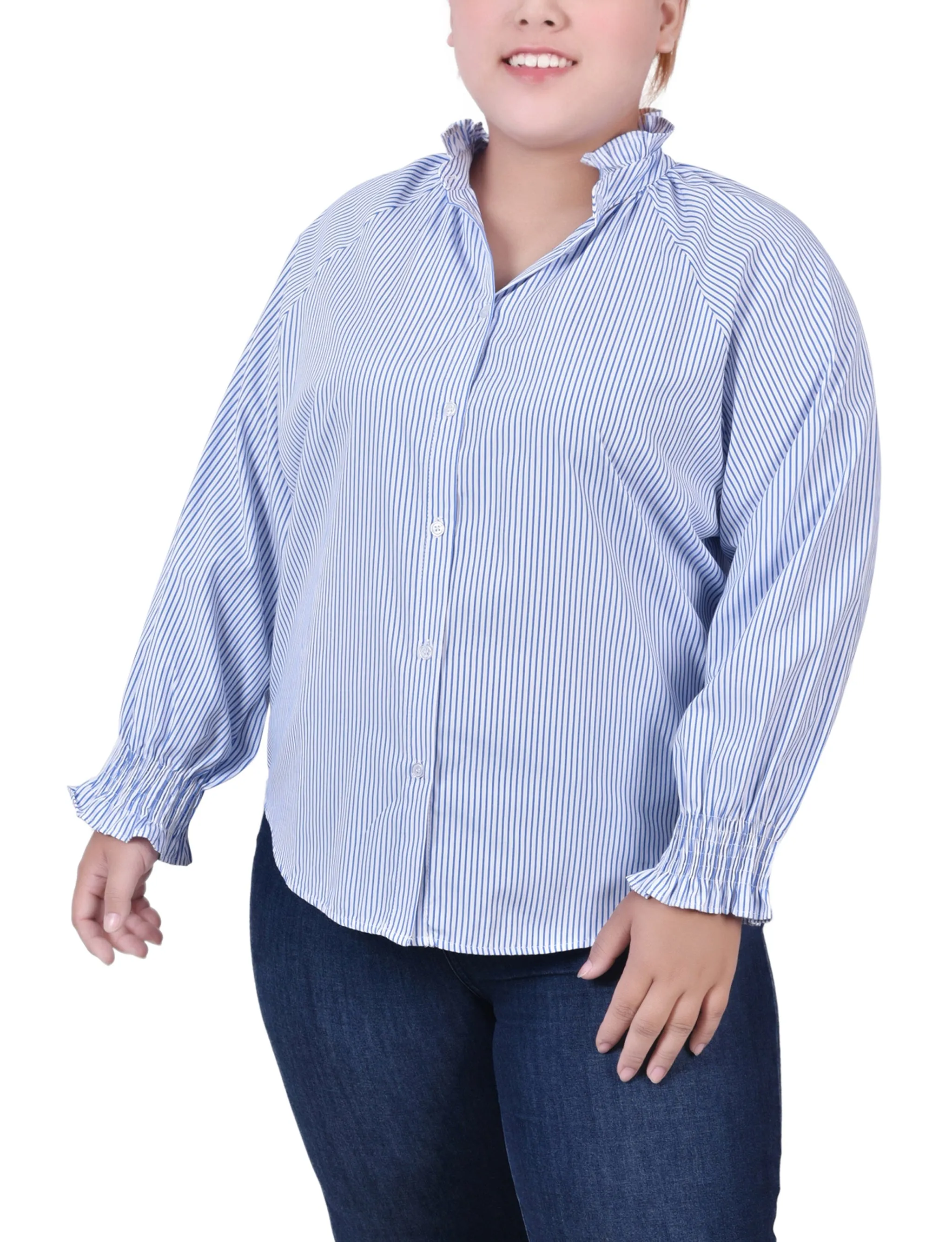 Blouse à boutonnage devant à manches longues pour grande taille