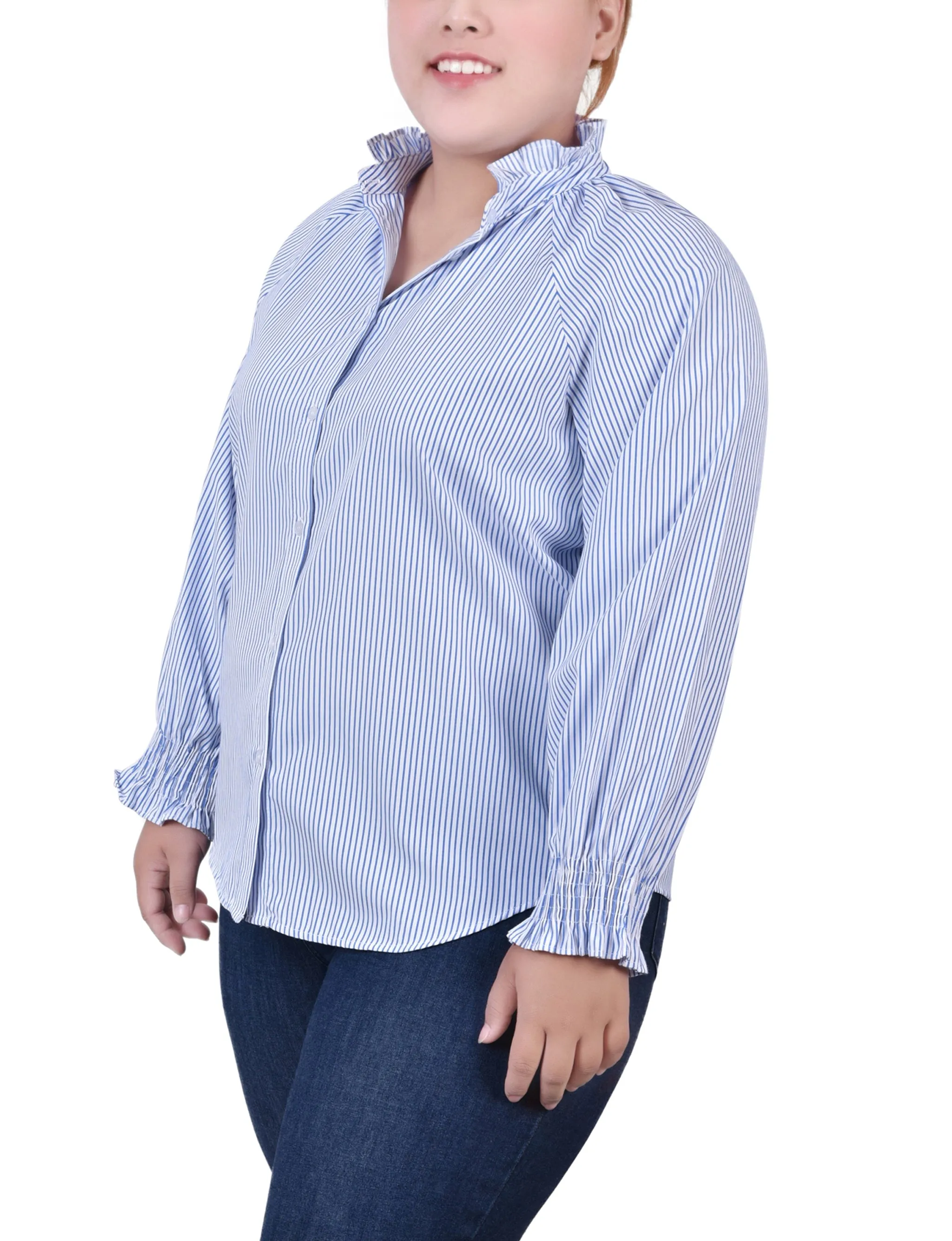 Blouse à boutonnage devant à manches longues pour grande taille