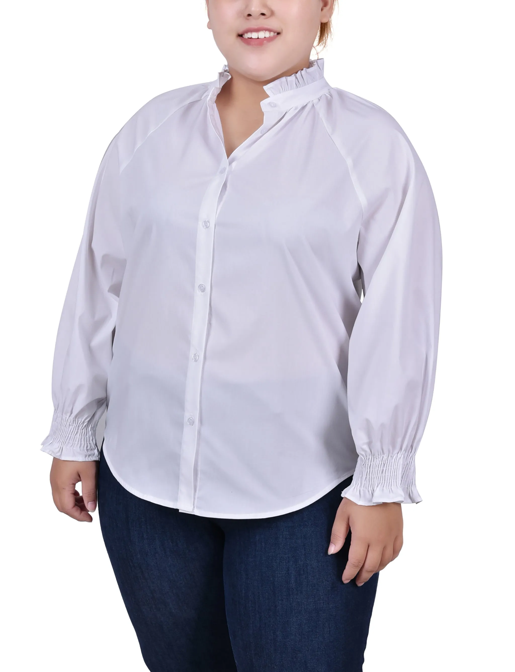 Blouse à boutonnage devant à manches longues pour grande taille