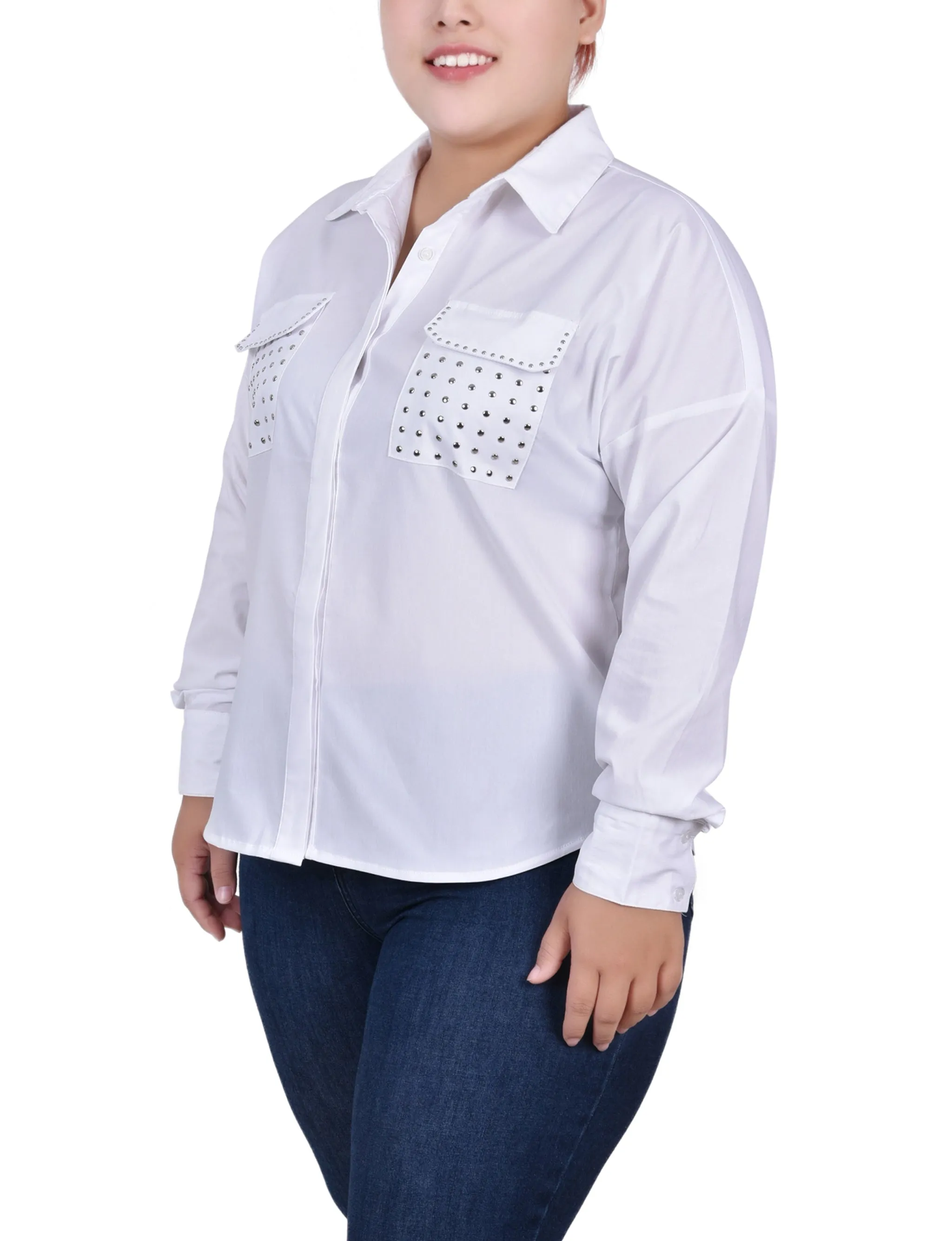 Blouse à manches longues pour grande taille avec placket caché et clous