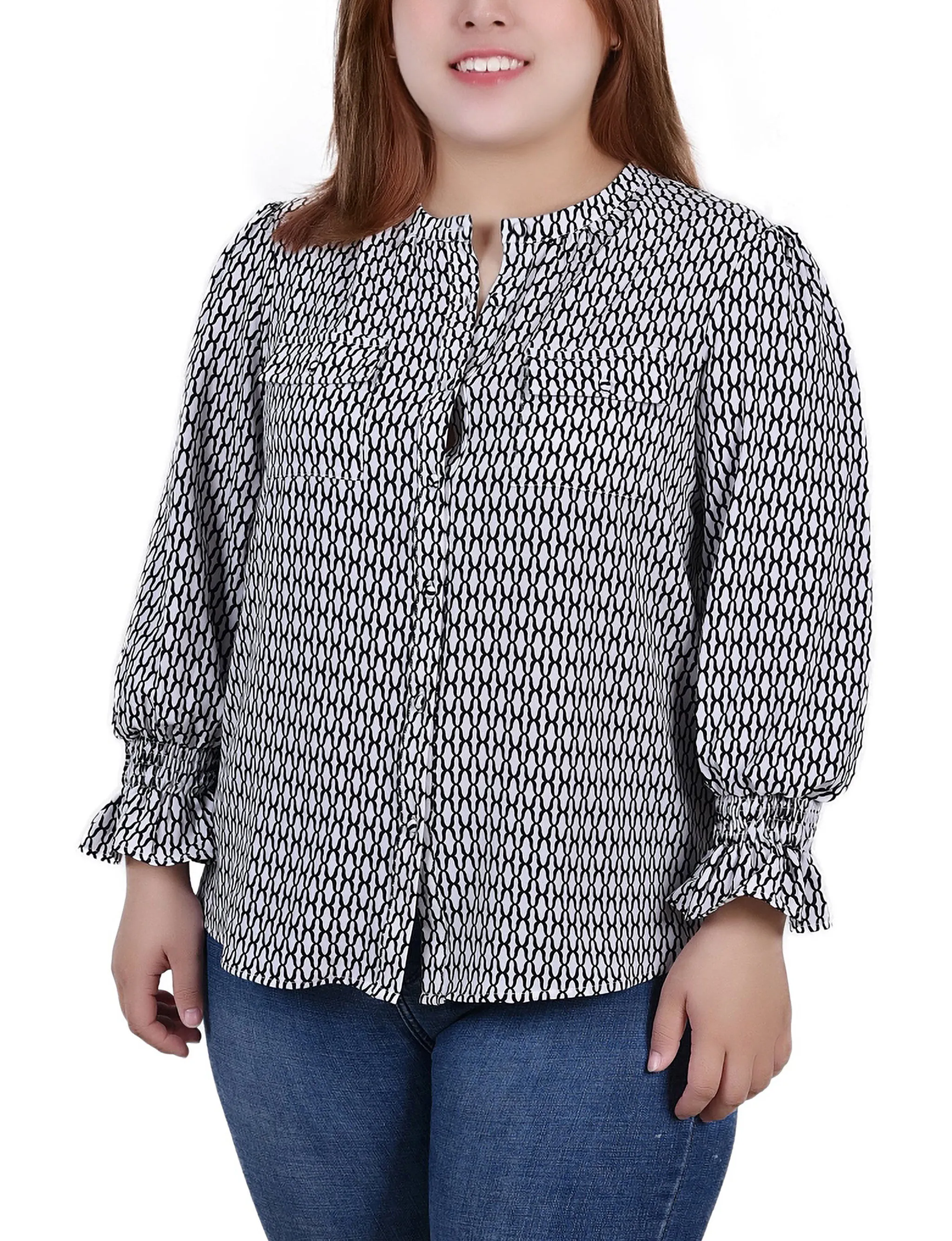 Blouse à manches longues avec col en Y pour grandes tailles
