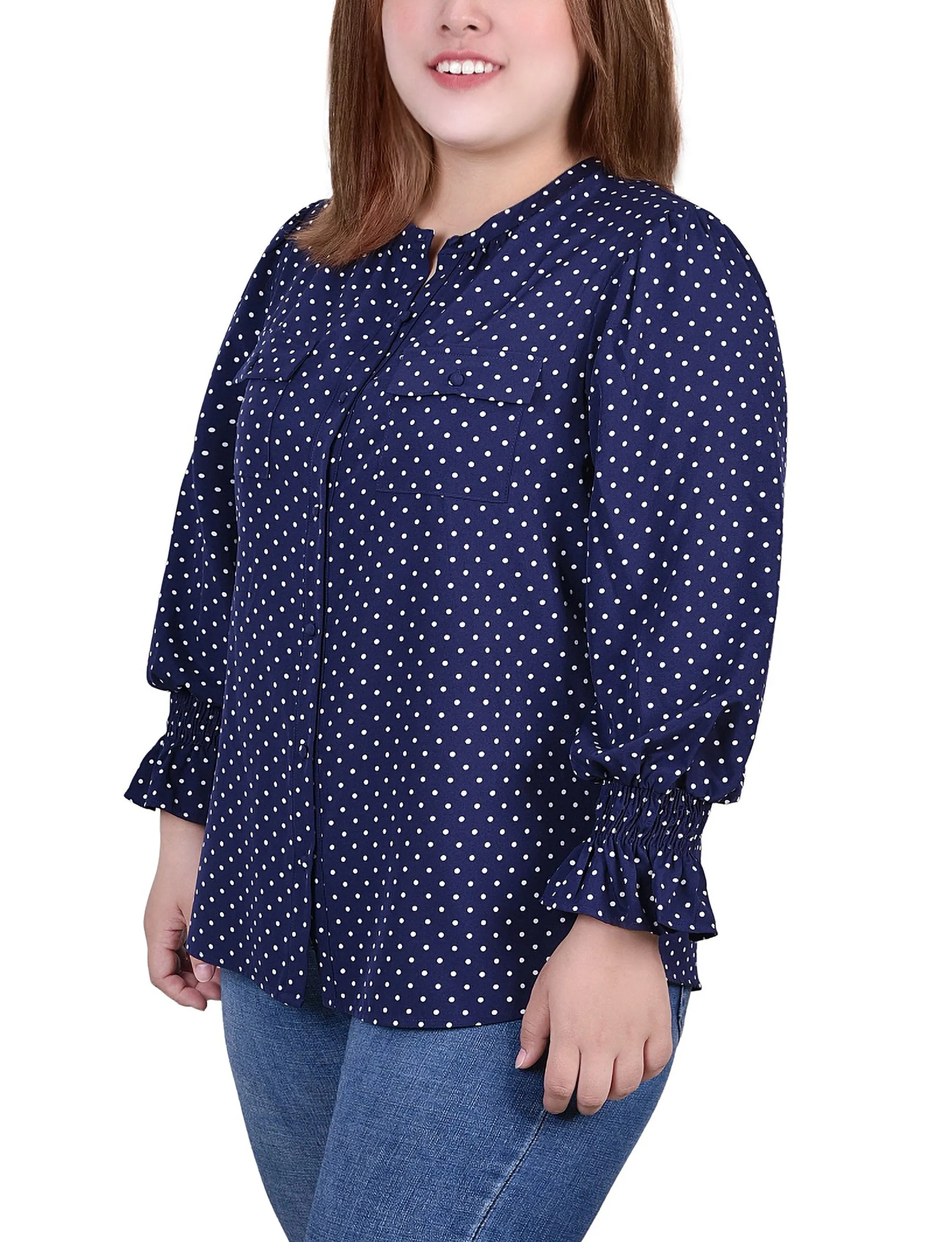 Blouse à manches longues avec col en Y pour grandes tailles