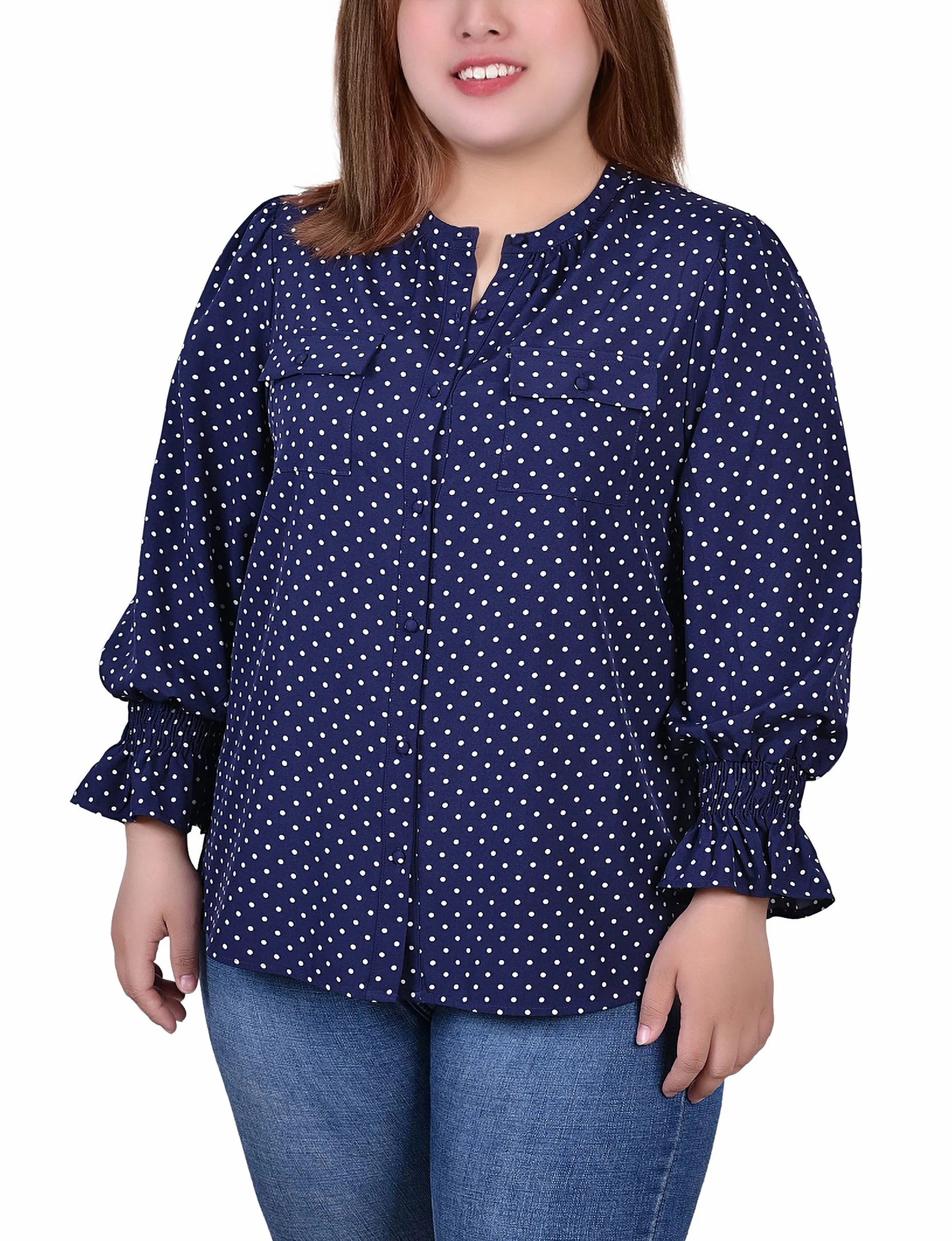 Blouse à manches longues avec col en Y pour grandes tailles