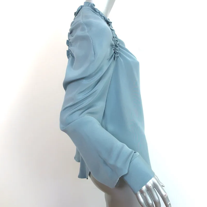 Rachel Comey Blouse à Volants Bleue en Soie Taille 6 Haut à Manches Longues avec Découpes
