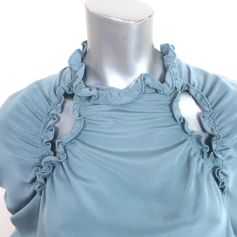 Rachel Comey Blouse à Volants Bleue en Soie Taille 6 Haut à Manches Longues avec Découpes