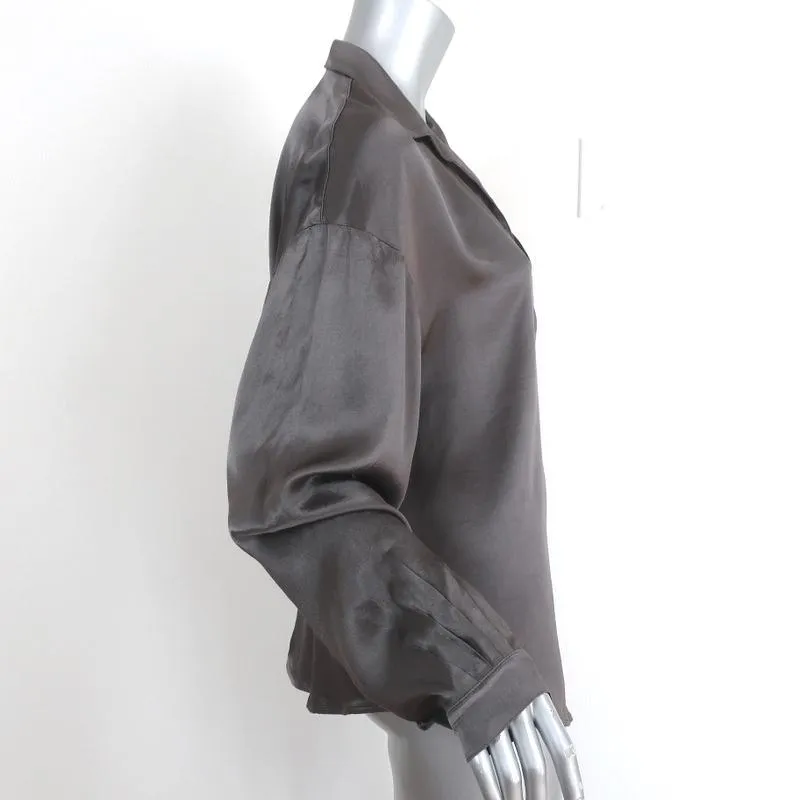 Raquel Allegra Blouse à Col Popover Satin Gris Taille 3 Haut à Manches Longues