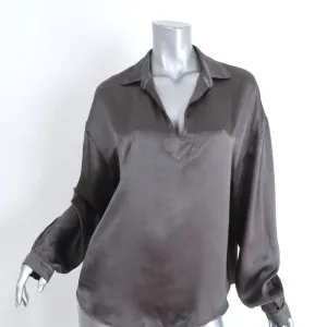 Raquel Allegra Collared Popover Blouse Gray Satin Size 3 Long Sleeve Top