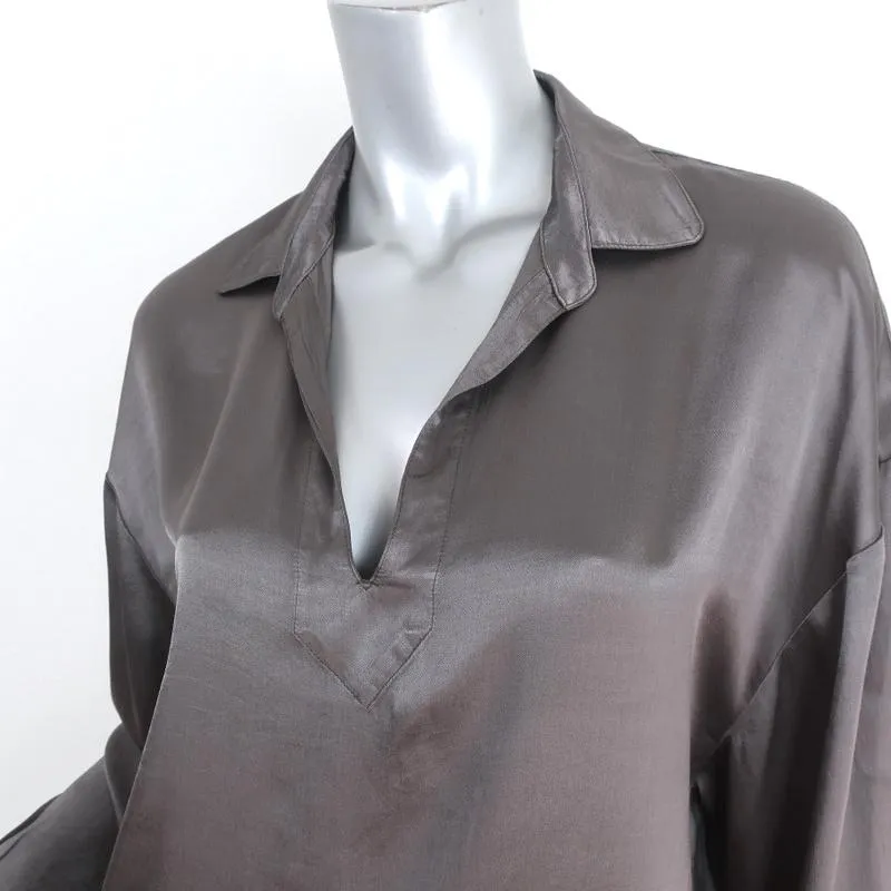 Raquel Allegra Blouse à Col Popover Satin Gris Taille 3 Haut à Manches Longues