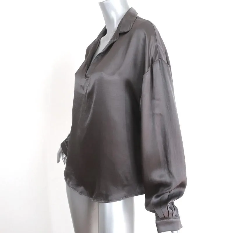 Raquel Allegra Blouse à Col Popover Satin Gris Taille 3 Haut à Manches Longues