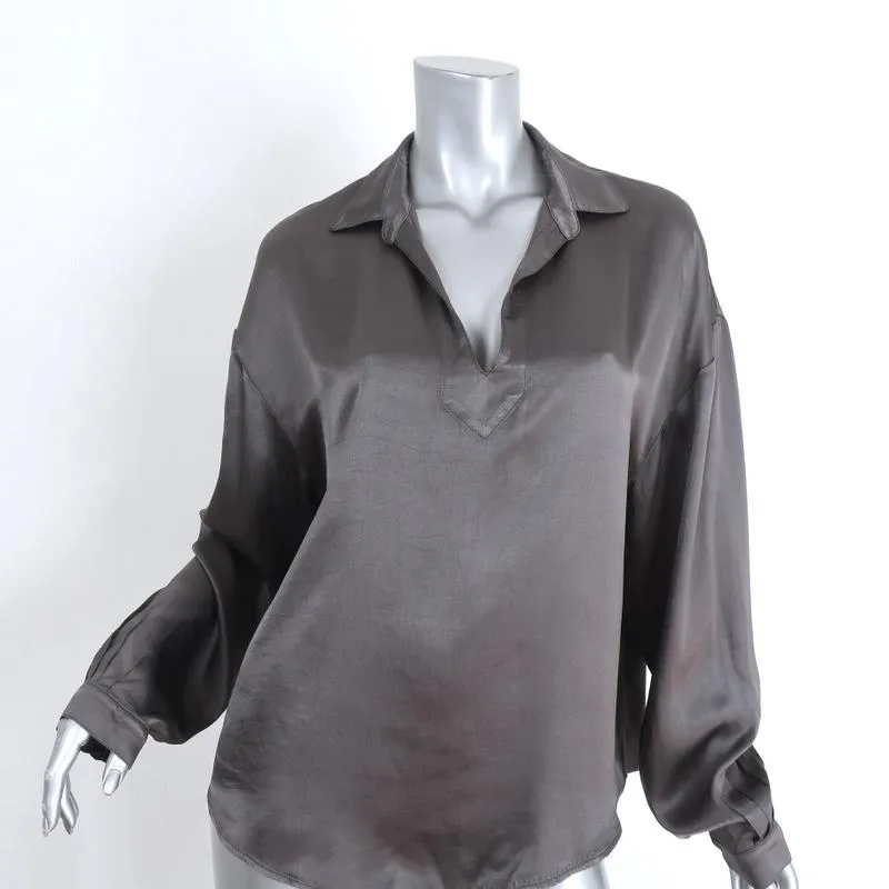 Raquel Allegra Blouse à Col Popover Satin Gris Taille 3 Haut à Manches Longues