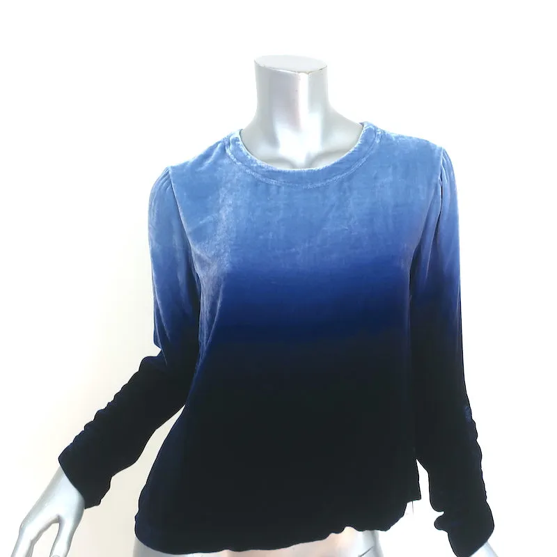 Raquel Allegra Haut Jane Bleu Dégradé Velours Taille 0 Blouse à Manches Bouffantes
