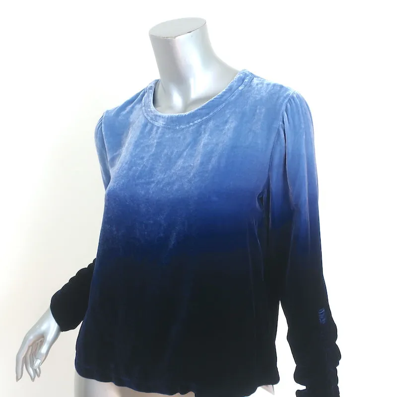 Raquel Allegra Haut Jane Bleu Dégradé Velours Taille 0 Blouse à Manches Bouffantes