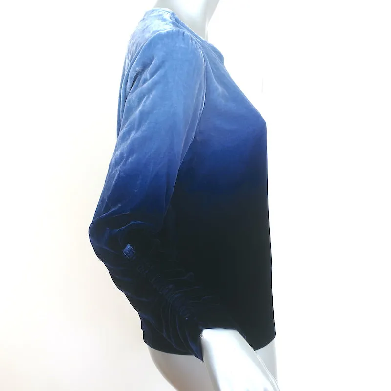 Raquel Allegra Haut Jane Bleu Dégradé Velours Taille 0 Blouse à Manches Bouffantes