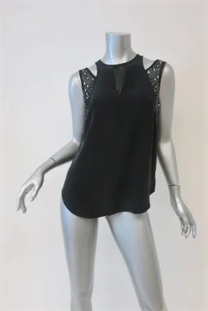 Rebecca Taylor Cutout Shoulder Tank Top Black Crystal-Embellished Silk Size 0