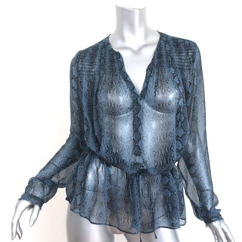 Rebecca Taylor Blouson à Imprimé Serpent Top en Chiffon Bleu Taille 10 Blouse à Manches Longues