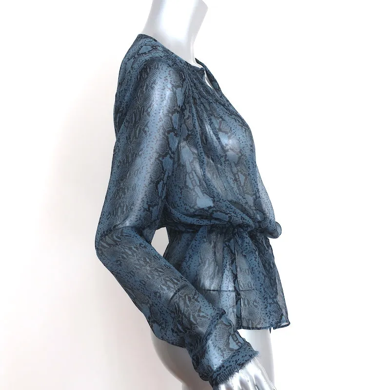 Rebecca Taylor Blouson à Imprimé Serpent Top en Chiffon Bleu Taille 10 Blouse à Manches Longues