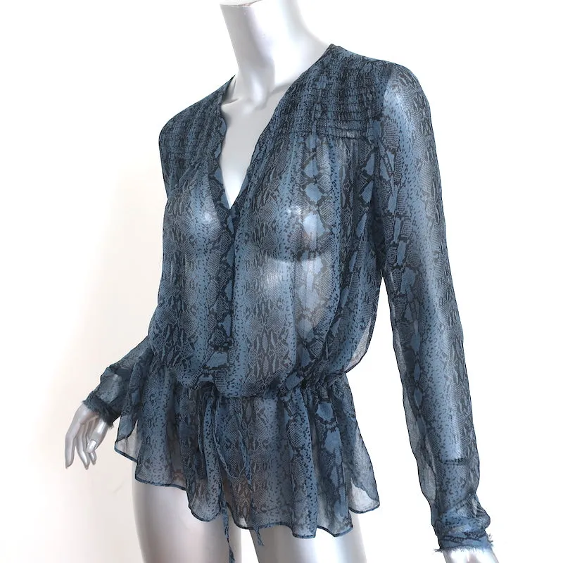 Rebecca Taylor Blouson à Imprimé Serpent Top en Chiffon Bleu Taille 10 Blouse à Manches Longues