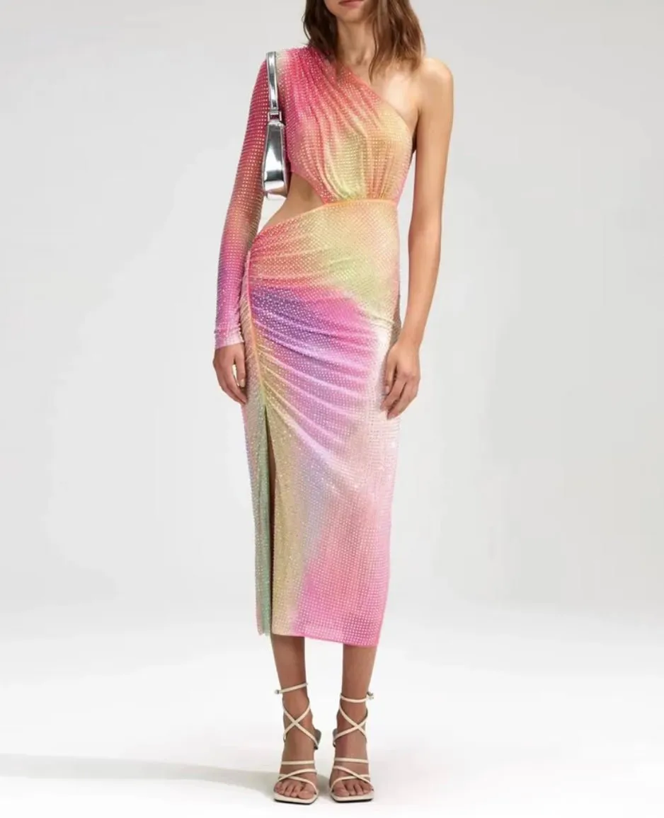 Robe arc-en-ciel en strass à une manche