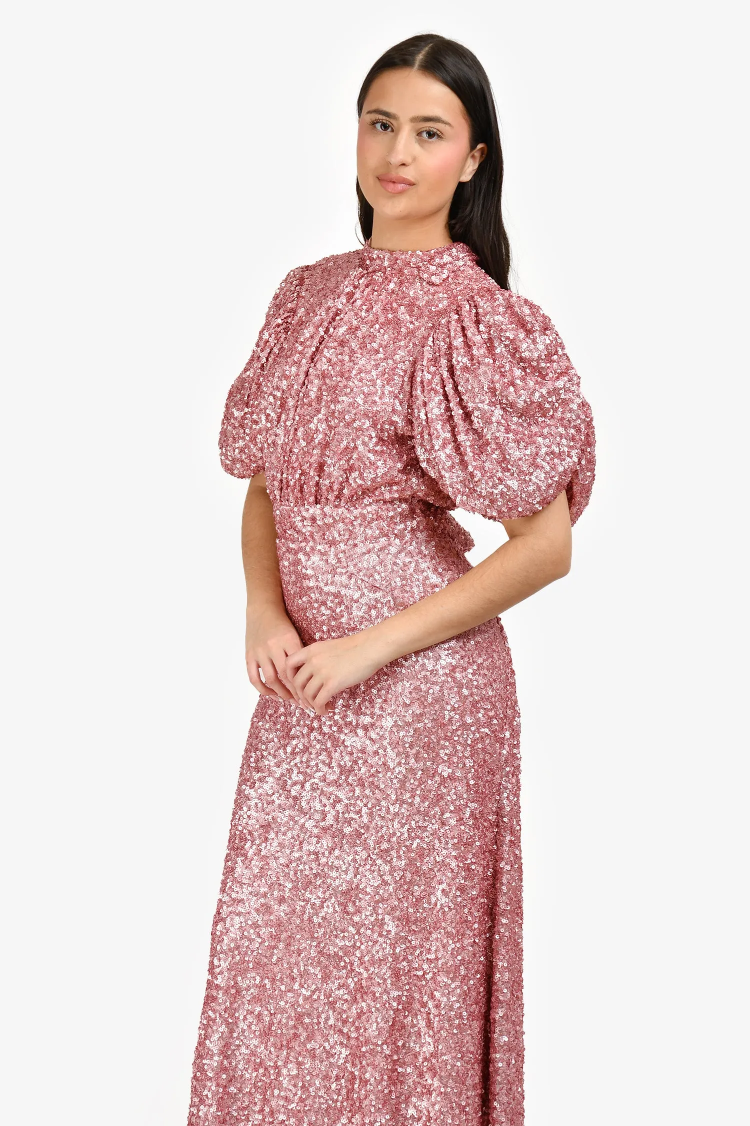 Robe longue tournoyante à manches bouffantes pailletées rose avec dos ouvert taille 6 US