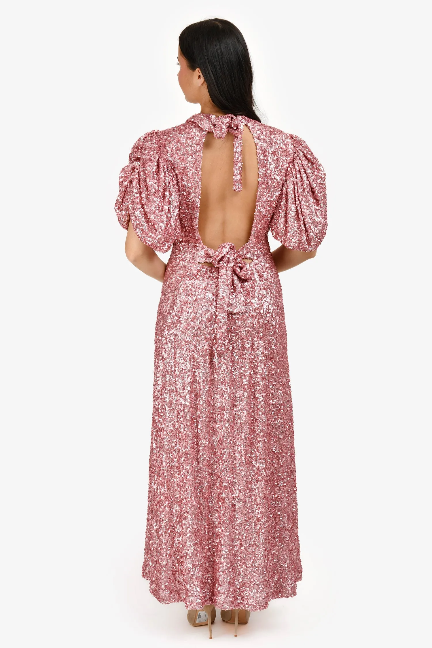 Robe longue tournoyante à manches bouffantes pailletées rose avec dos ouvert taille 6 US