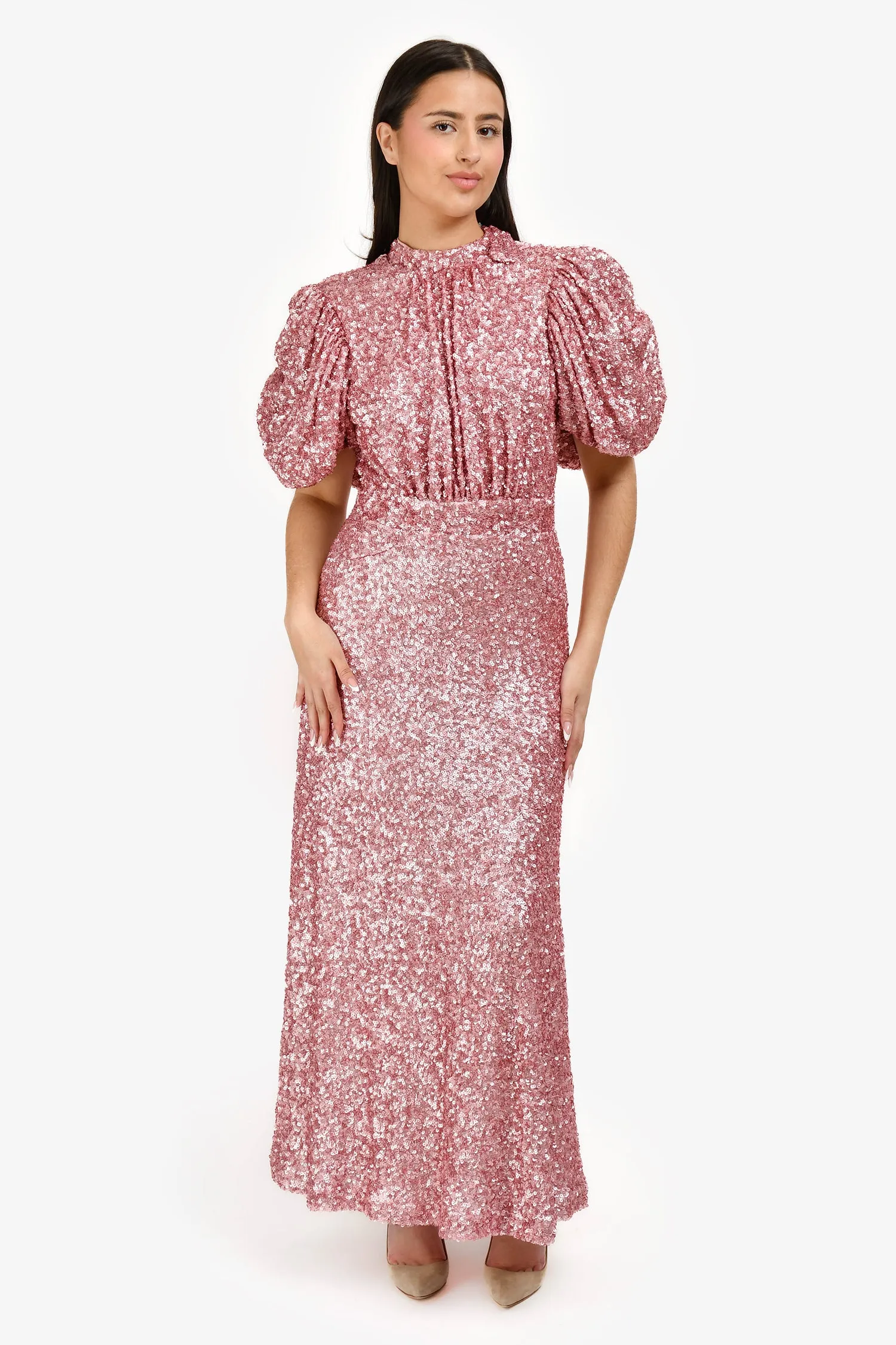 Robe longue tournoyante à manches bouffantes pailletées rose avec dos ouvert taille 6 US