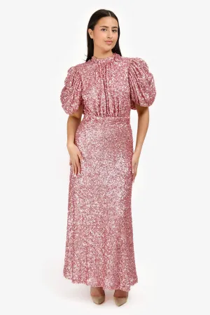 Rotate Pink Sequinned Puff Sleeve Open Back Maxi Dress Size 6 US