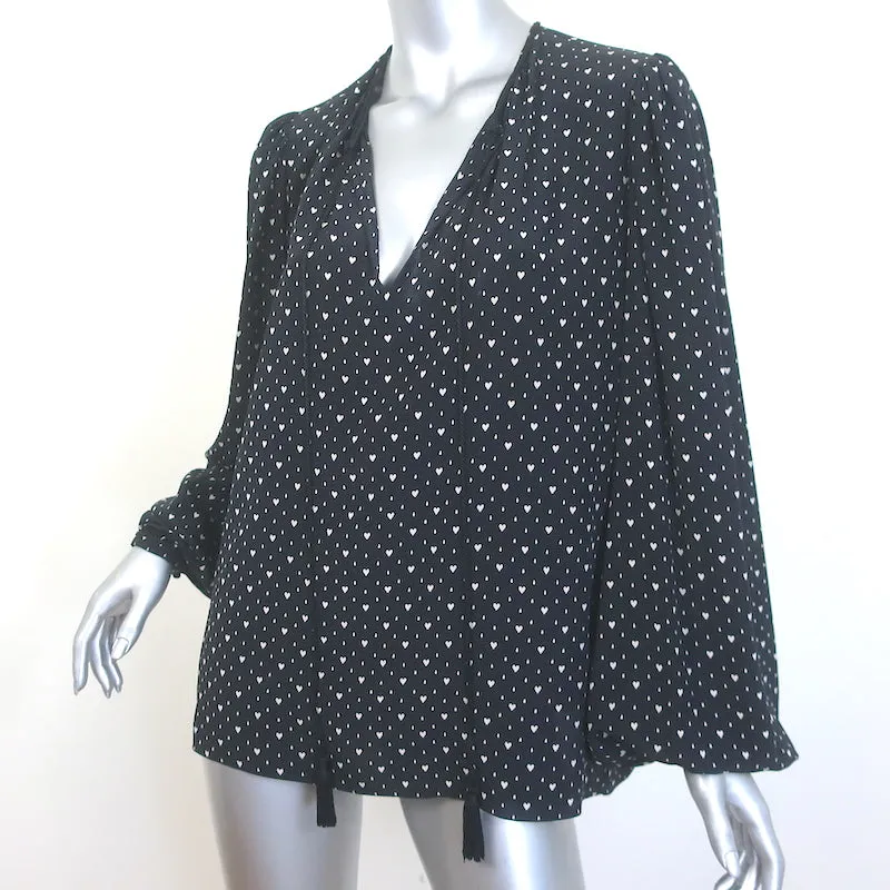 Saint Laurent Blouse à col noué imprimé cœurs en soie noire Taille 38 Haut à manches longues