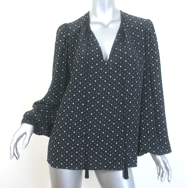 Saint Laurent Blouse à col noué imprimé cœurs en soie noire Taille 38 Haut à manches longues